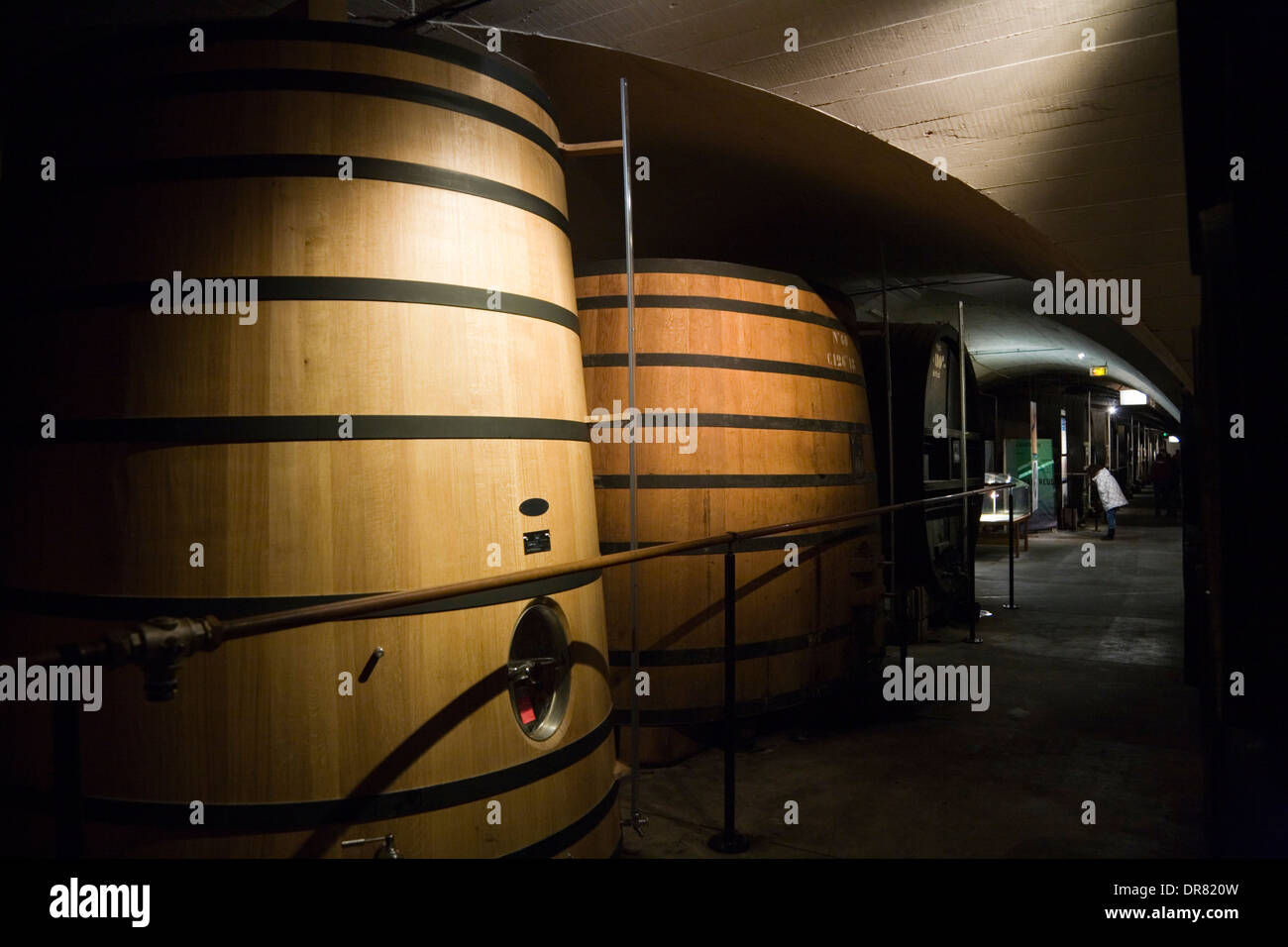 Inside the cellar where chartreuse liqueur is made & matured / aged. Chartreuse Cellar: the longest liqueur cellar in the world. Stock Photo