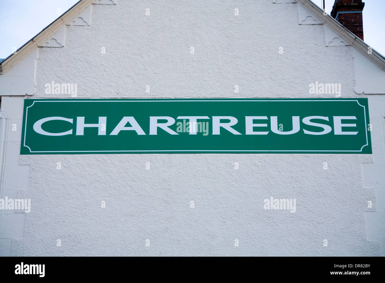 Logo on the Distillerie de la Grande Chartreuse building (liqueur distillery). 10 Boulevard Edgar Kofler, 38500 oiron, France. Stock Photo