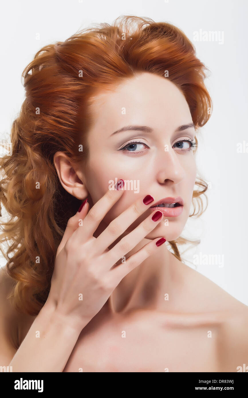 Beautiful Woman Touching Face Clean Skin Red Hairs Red Nails