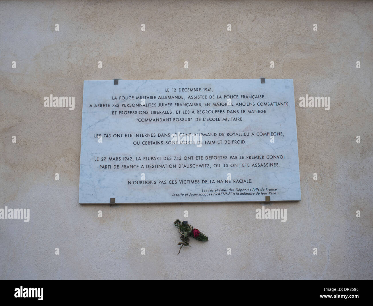 Plaque commemorating the lives of 743 French Jewish people many of whom were later murdered in Auschwitz Stock Photo