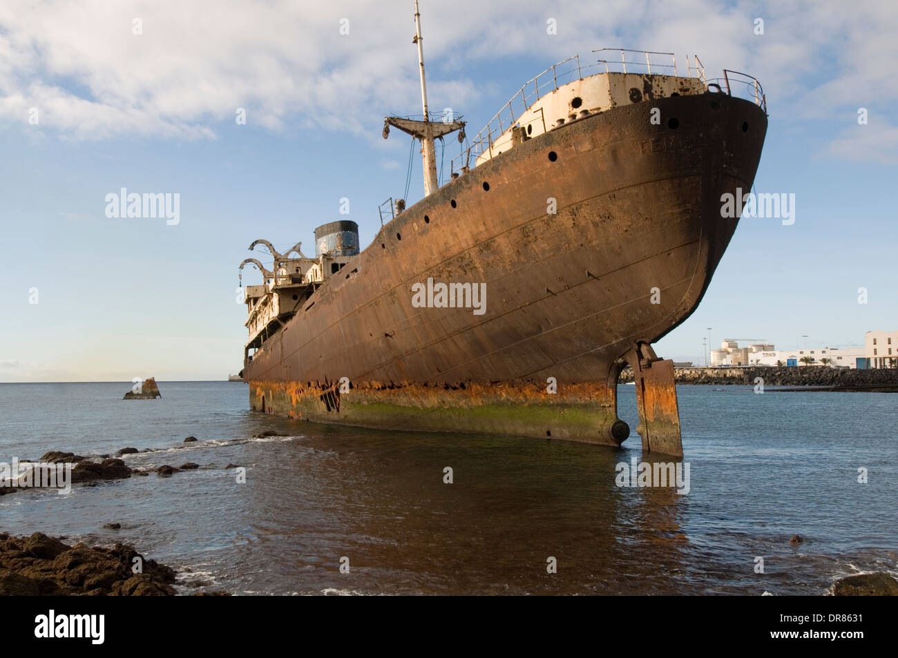 Lanzarote Shipwreck between Arrecife and Costa Teguise Temple Hall Pantelis Telamon ship ships shipping wreck wrecks sunk sinkin Stock Photo