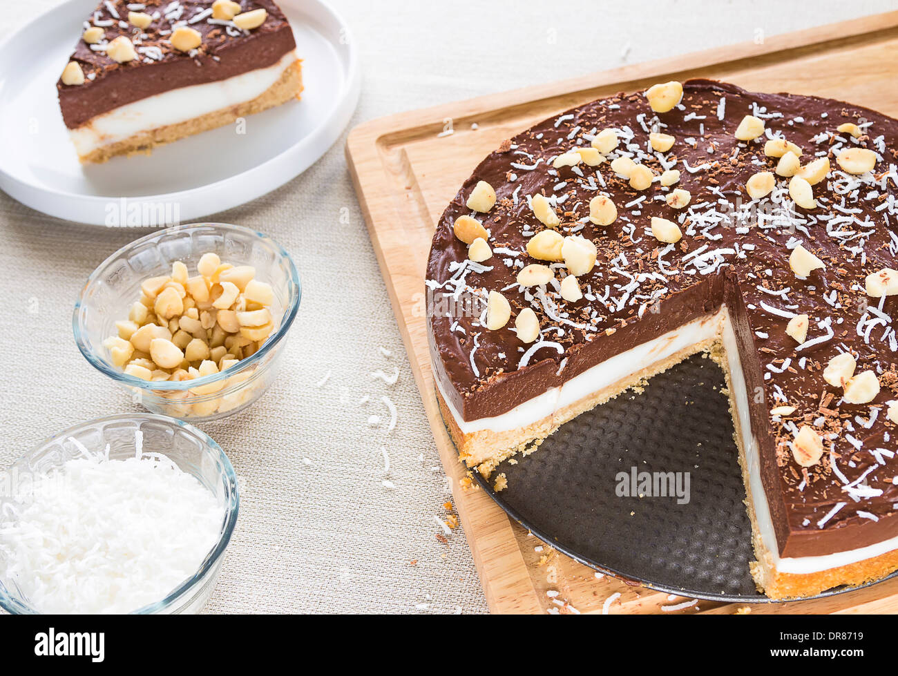 A decadent haupia and chocolate custard pie topped with shaved coconut