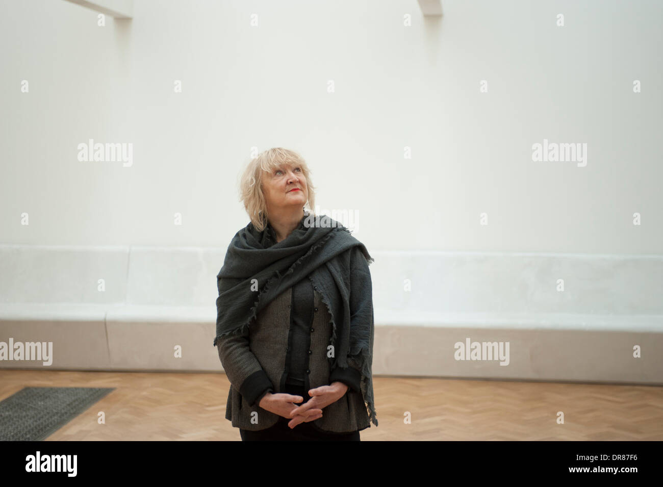 London, UK. 21st January 2014. Sensing Spaces exhibition sets out to evoke the experience and power of architecture within a traditional gallery environment. Seven architects from around the world were invited to use the Royal Academy’s galleries to test themselves and their discipline by creating unique spaces for visitors to experience. Grafton Architects were founded in Dublin in 1978 by Shelley McNamara and Yvonne Farrell. They have become renowned for education buildings including last year’s Stirling Prize nominated Medical School, University of Limerick (2012). Their large dark structur Stock Photo