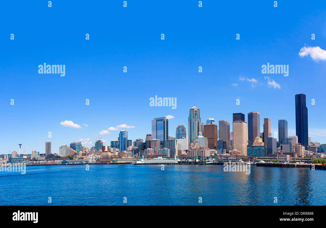 Downtown skyline and waterfront district from an Argosy harbor cruise boat, Seattle, Washington, USA Stock Photo