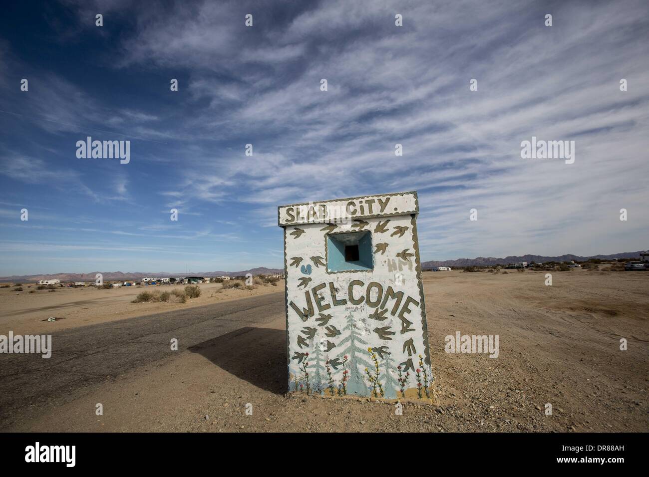 Jan. 4, 2014 - Palm Springs, California, U.S - The gateway of Slab City is seen on January 4, 2014 in Slab City, California. Slab City or The Slabs is a snowbird campsite in the Colorado Desert in southeastern California, used by recreational vehicle owners and squatters from across North America. It takes its name from the concrete slabs that remain from the abandoned World War II Marine barracks of Camp Dunlap. (Credit Image: © Ringo Chiu/ZUMAPRESS.com) Stock Photo
