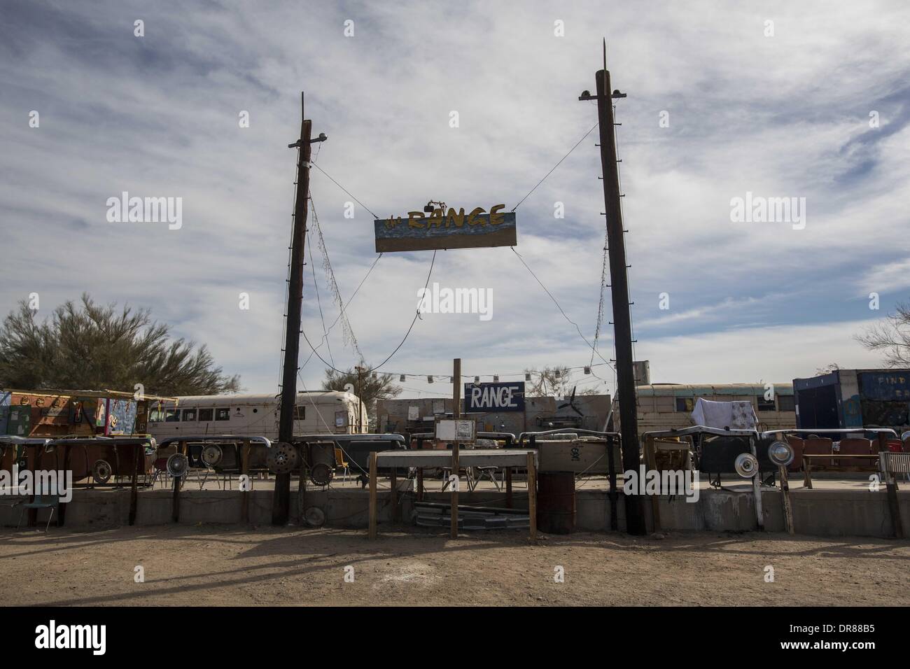 Jan. 4, 2014 - Palm Springs, California, U.S - The Range, an open-air nightclub, on  January 4, 2014, in Slab City, California. Slab City or The Slabs is a snowbird campsite in the Colorado Desert in southeastern California, used by recreational vehicle owners and squatters from across North America. It takes its name from the concrete slabs that remain from the abandoned World War II Marine barracks of Camp Dunlap. (Credit Image: © Ringo Chiu/ZUMAPRESS.com) Stock Photo