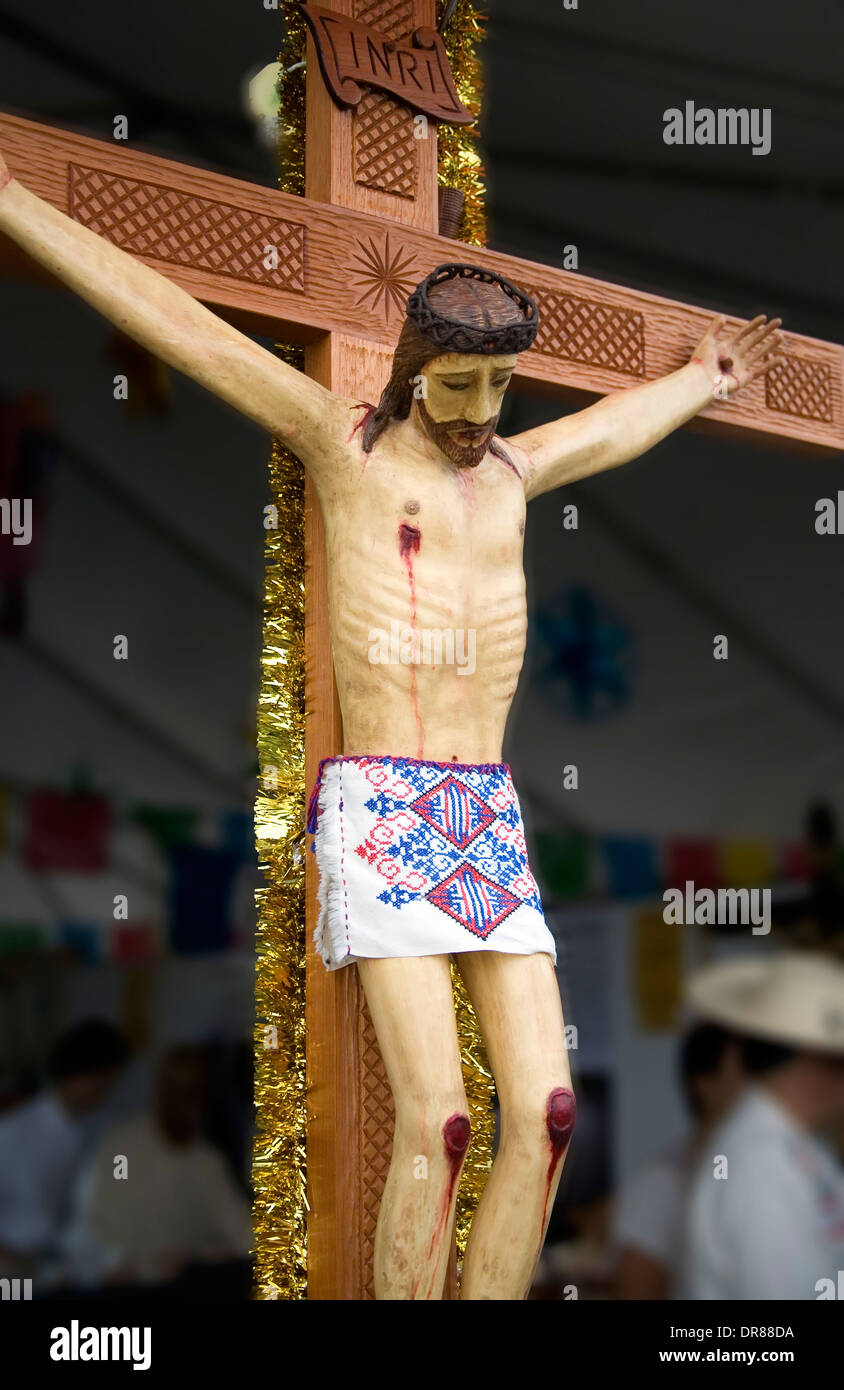 Jesus on the cross (by Jose Luis Cerda Baez, Mexico), International Folk Art Market, Santa Fe, New Mexico USA Stock Photo