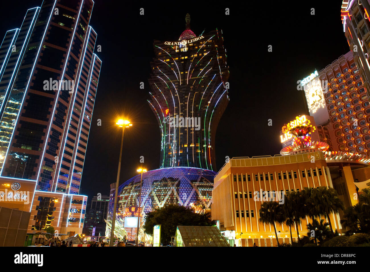 Grand Lisboa Casino Light up at Night, Macau, China Stock Photo