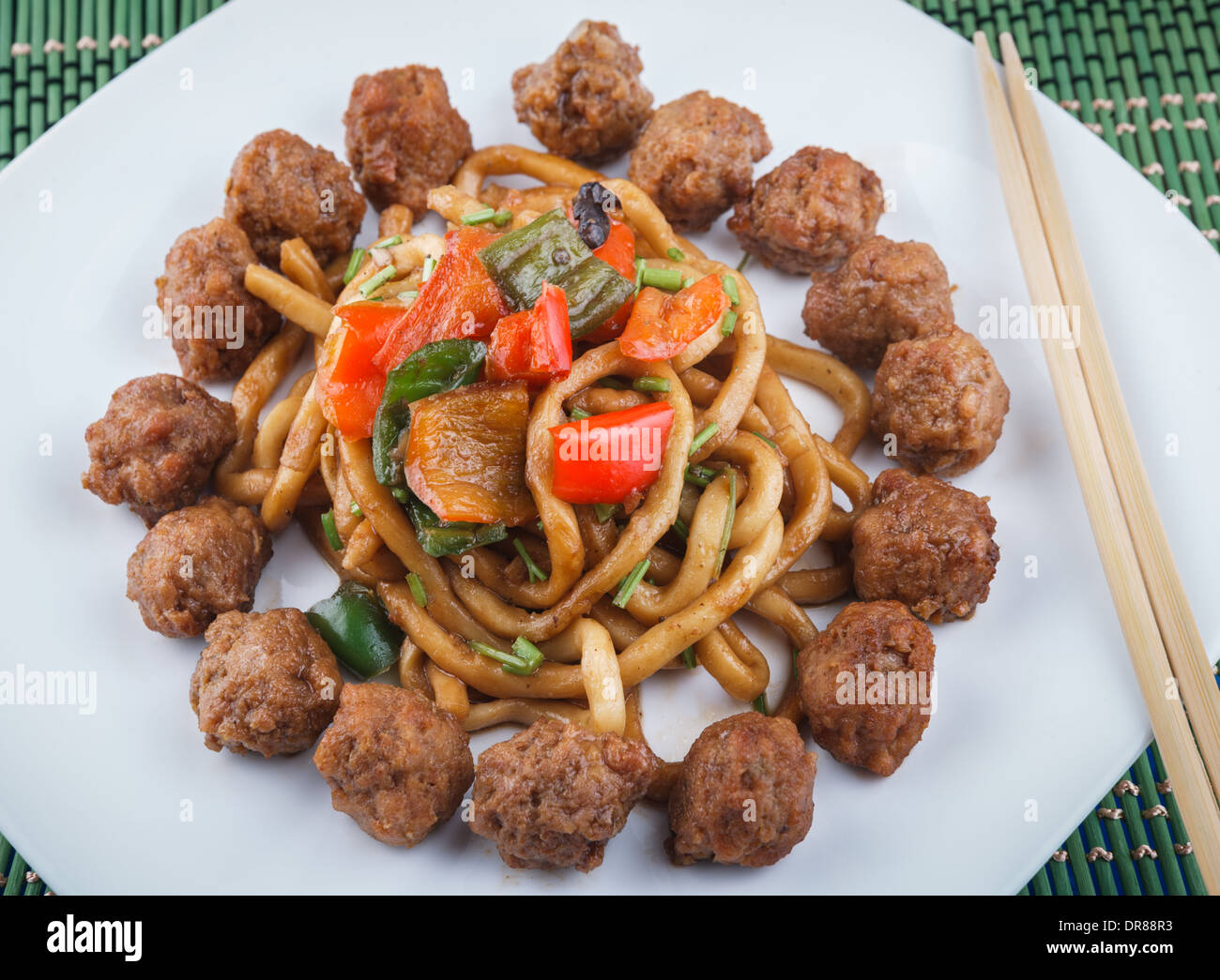 Chinese noodles with beef meatballs Stock Photo Alamy