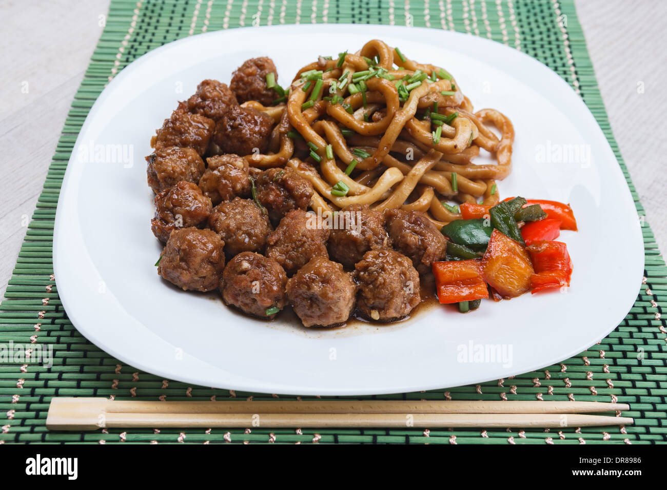 chinese-noodles-with-beef-meatballs-stock-photo-alamy