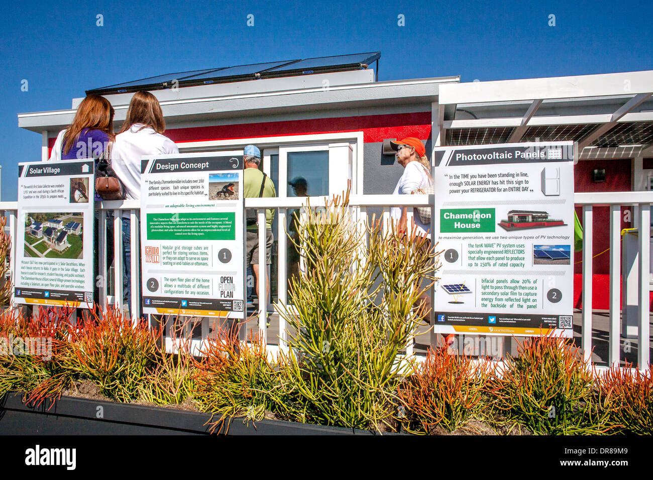 Signs depicting the energy philosophy of an experimental energy efficient solar powered home at the Solar Decathlon in Irvine, CA, designed by students from Indiana and Kentucky universities on exhibit.  The international competition is sponsored by the U Stock Photo
