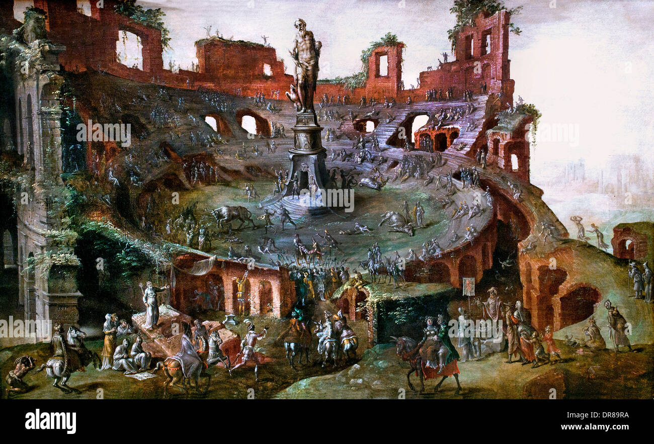 Martin van Heemskerck 1498-1574 Dutch Netherlands Running of the Bulls at the antique in the Colosseum in ruins Stock Photo