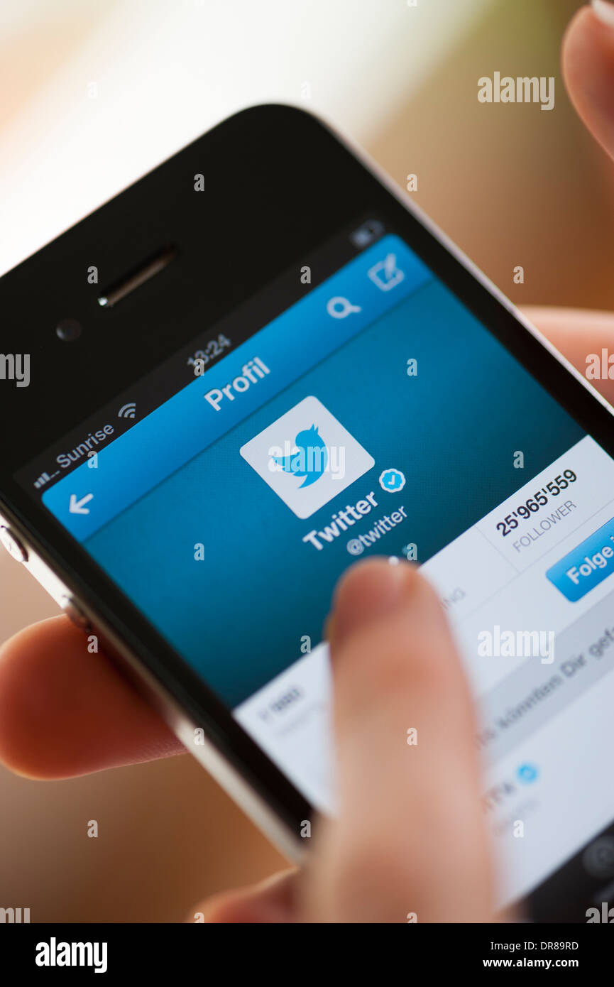 Close-up of a smartphone display showing the profile picture of Twitter's own Twitter account. Stock Photo
