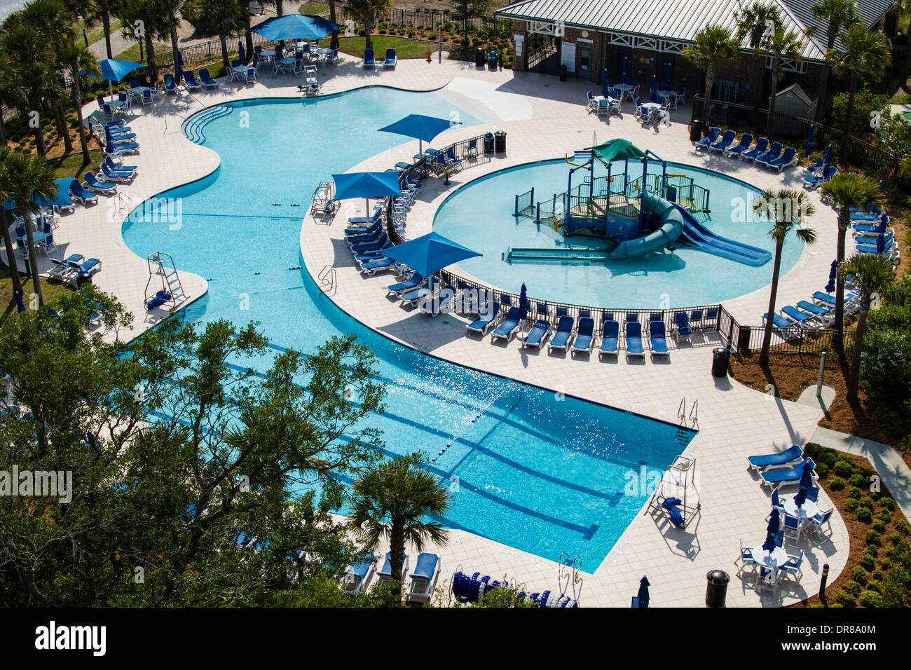 An aerial view of the Neptune Park swimming pool located on St. Simons Island, Stock