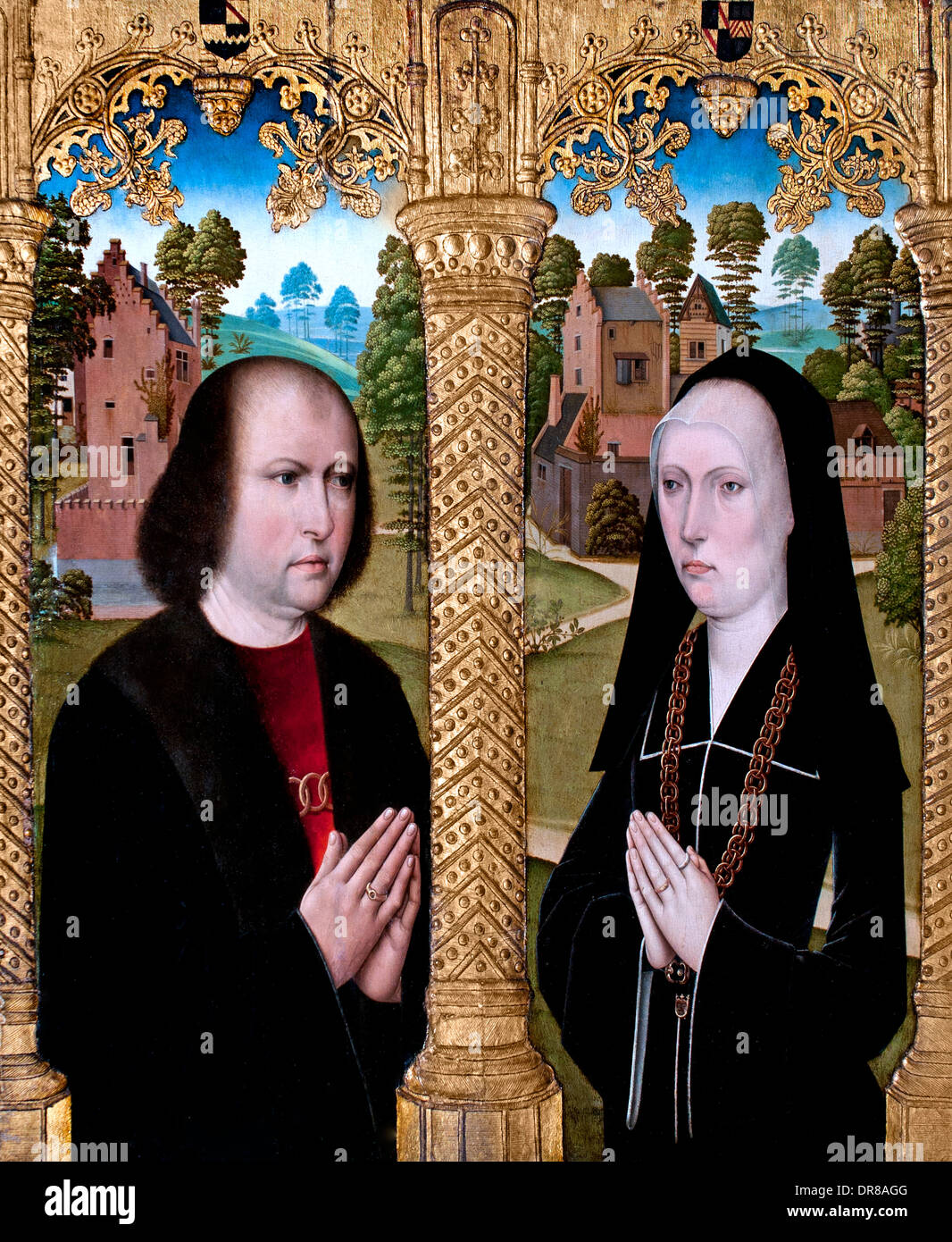 Portraits of  Barbe de Croesinck  and Louis Quarre and donors in 1480 Leuven or Brussels Belgian Belgium Stock Photo
