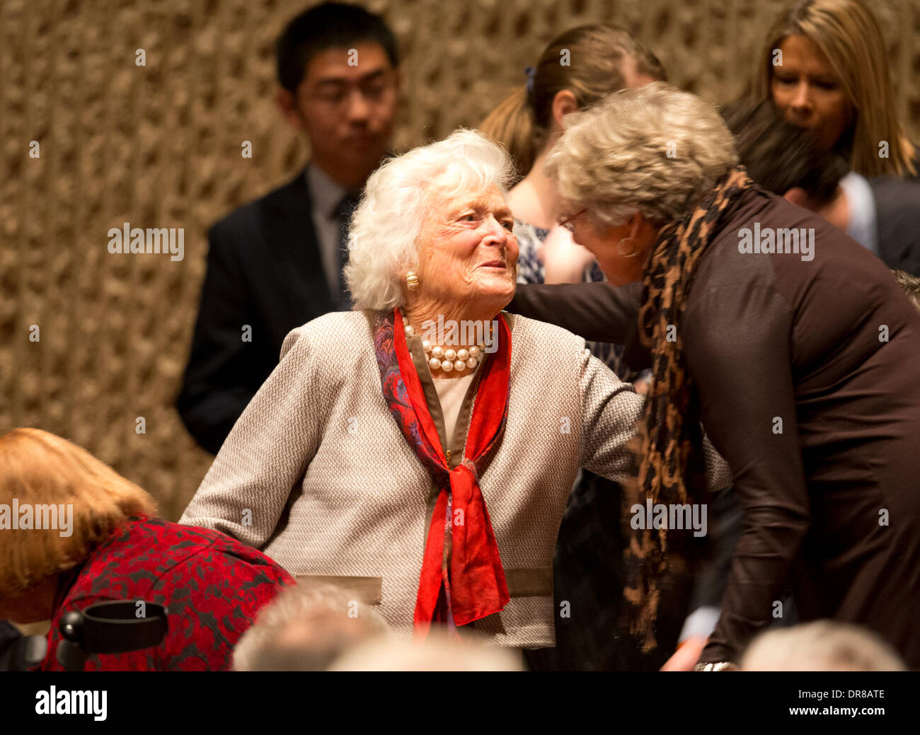 Former U.S. First Lady Barbara Bush arrives to listen to  Robert Gates talk about his new book at Texas A&M University. Stock Photo