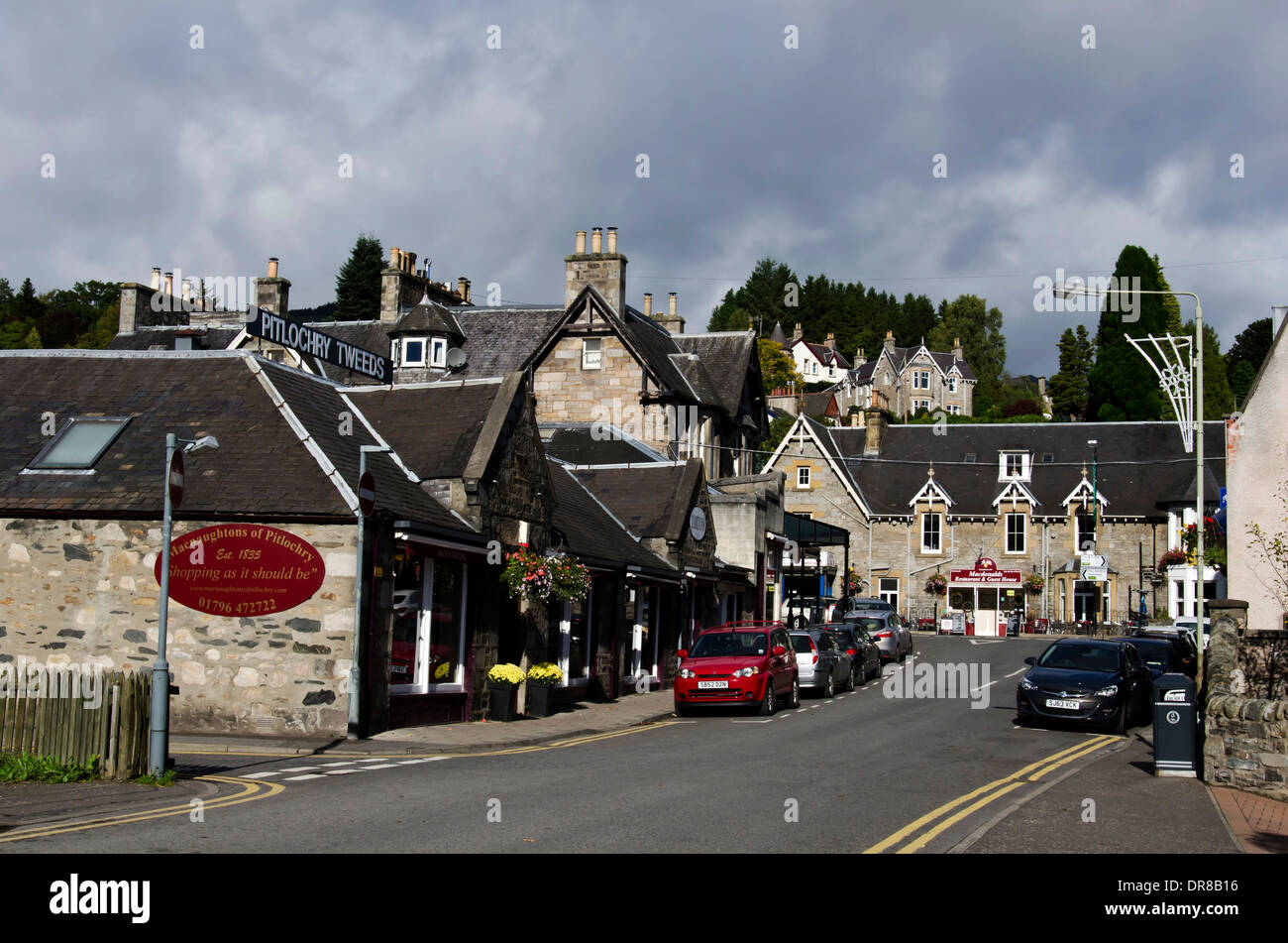 A side road in the town of Pitlochry in Scotland. Stock Photo