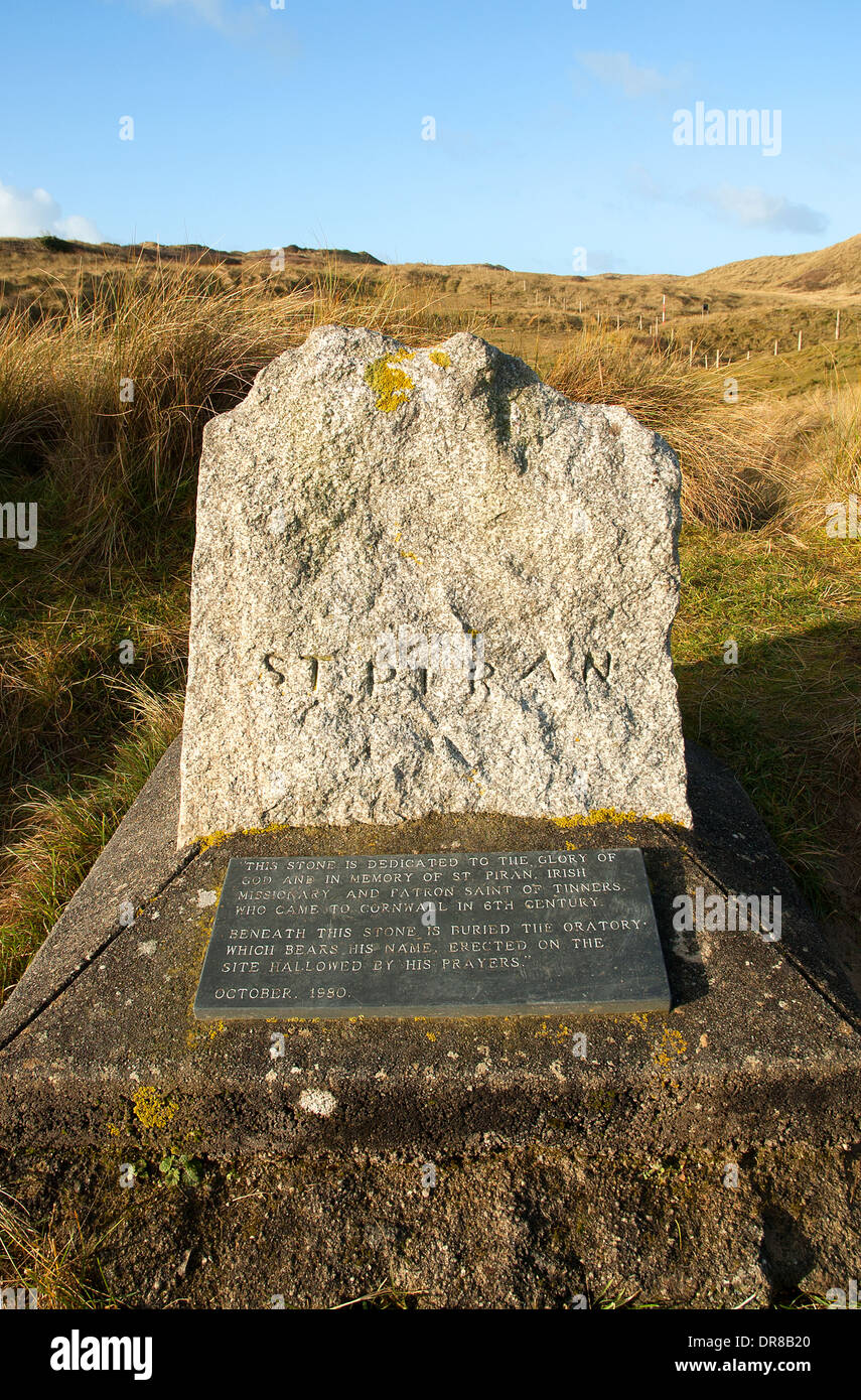 a memorial stone to st.piran on the dunes at perranporth in cornwall, uk Stock Photo
