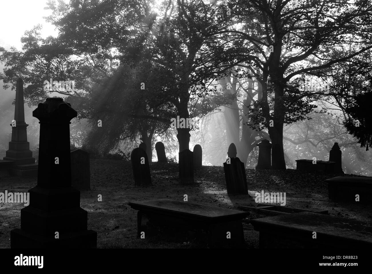 darfield church yard mono with sunbeams Stock Photo Alamy