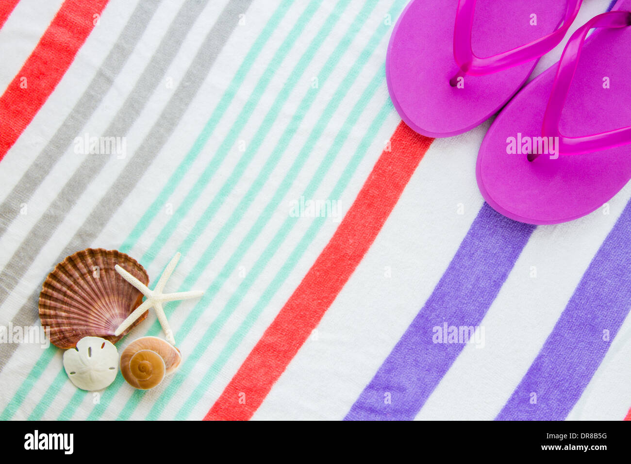 Beach scene with purple flip flops, shells, starfish, and a sand dollar on a striped beach towel. Stock Photo