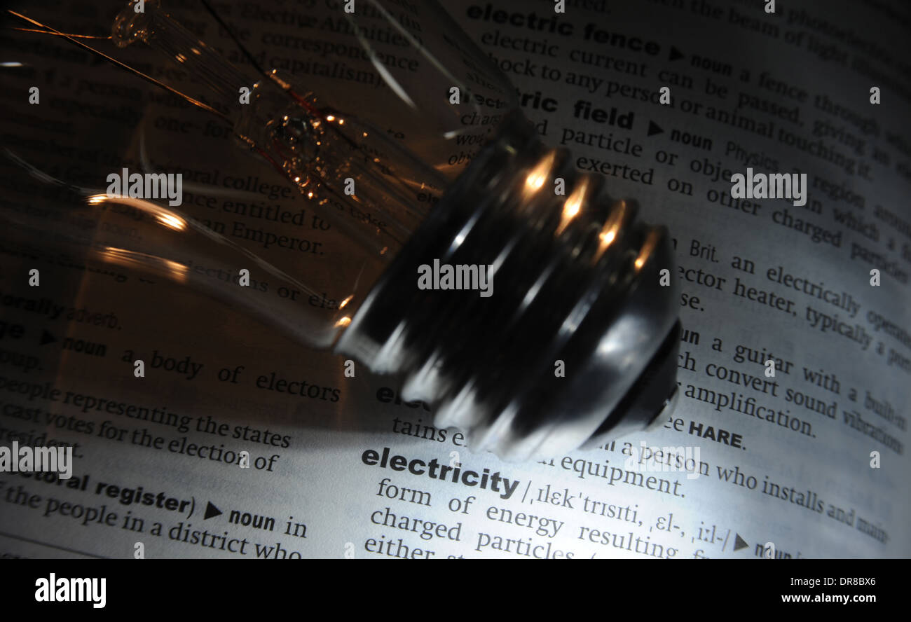 ELECTRICITY BULB WITH DICTIONARY DEFINITION WORD ELECTRICITY RE ENERGY