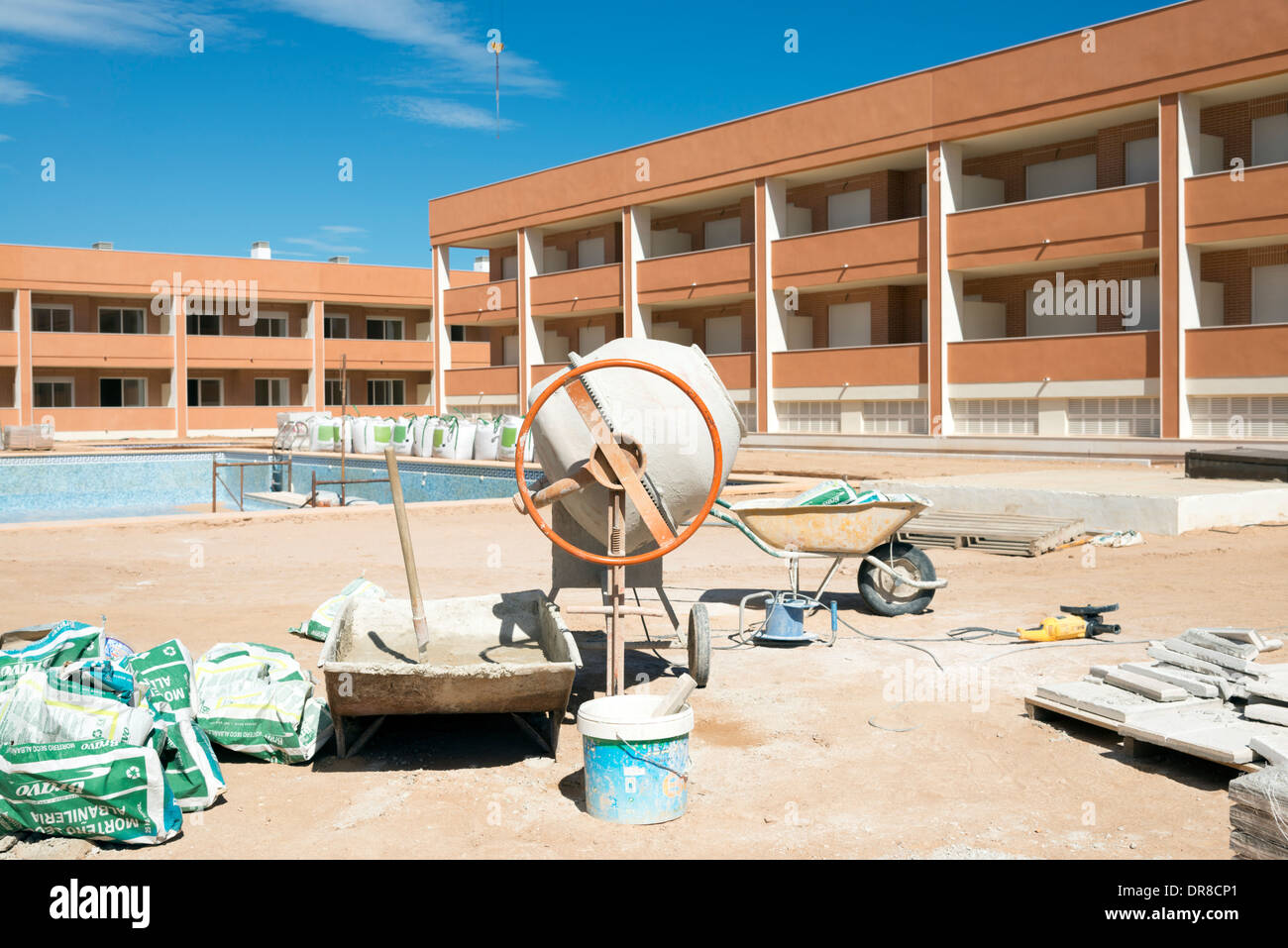 Unfinished property development under construction in new town of Gran Alacant close to Alicante, Costa Blanca, Spain Stock Photo