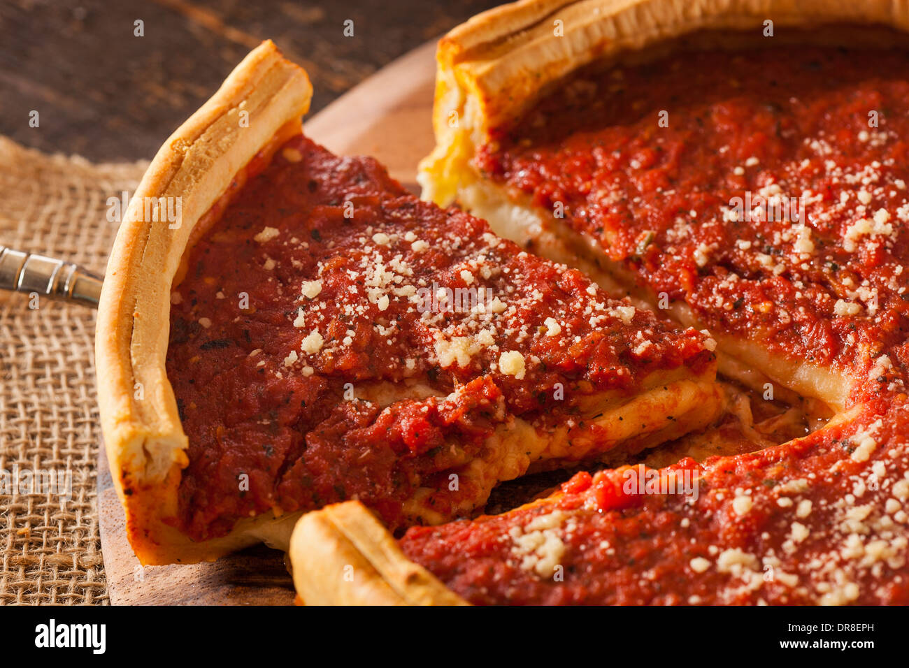 Chicago Style Deep Dish Cheese Pizza with Tomato Sauce Stock Photo