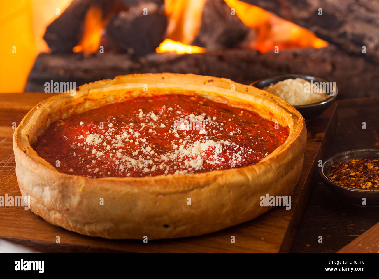 Chicago Style Deep Dish Cheese Pizza with Tomato Sauce Stock Photo