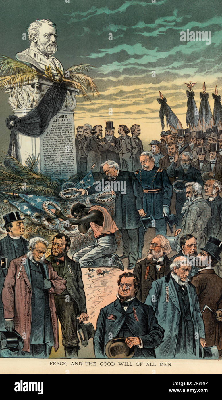 Peace, and the good will of all men Illustration shows a large group of men, some laying wreaths at the base of a bust portrait statue of Ulysses S. Grant that also includes 'Grant's Last Letter'; the wreaths are labeled 'Southern Soldiers, Northern Soldiers, Our Friend, Old Soldiers'. Some of the men are labeled 'Capital, Labor, Republican, Democract, Irish,  German'. Standing in the background, separate from the others are William M. Evarts, Whitelaw Reid, James G. Blaine, John A. Logan, George M. Robeson, and another man. August 1885 Grant's Funeral Stock Photo