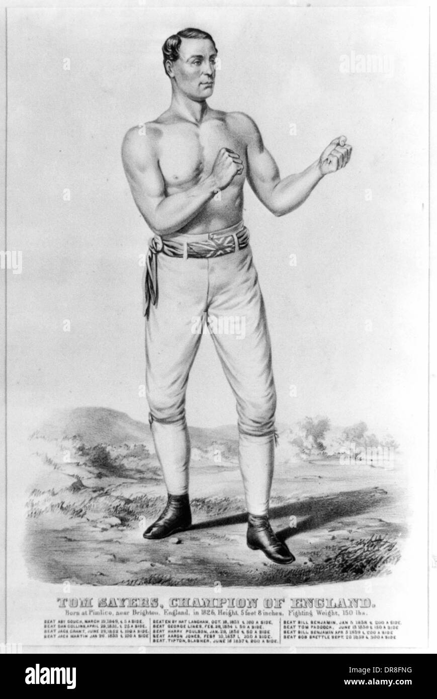 Tom Sayers, champion of England born at Pimlico near Brighton, Sussex 1826, height 5 ft. 8 inches, lowest feichting weight 10 st. 10 lbs. Tom Sayers, full-length portrait, facing right, in boxing stance. Includes list of fights with opponent's name and date of bout. Stock Photo