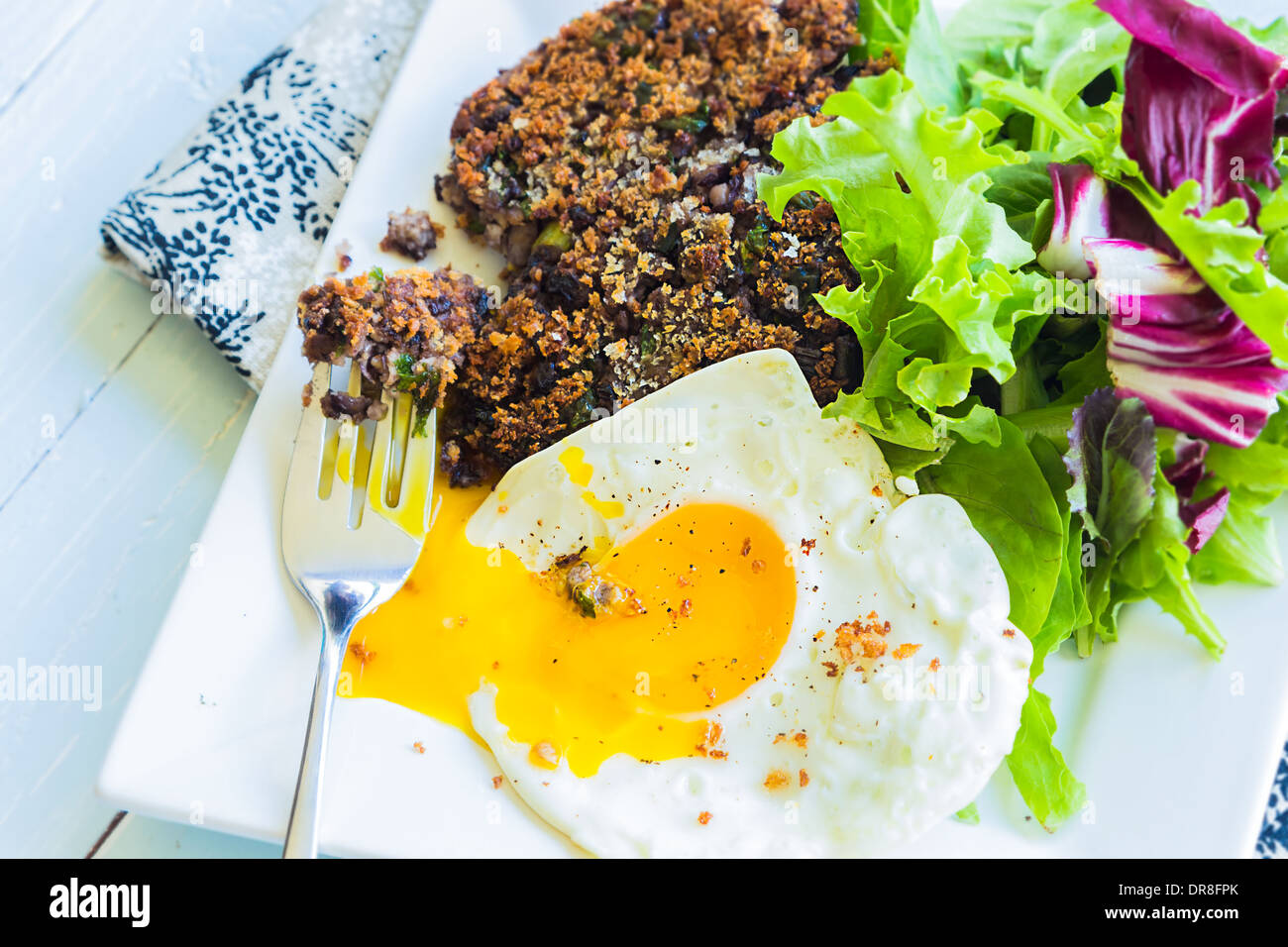 Healthy meal of black bean cake with mixed greens and a fried egg Stock