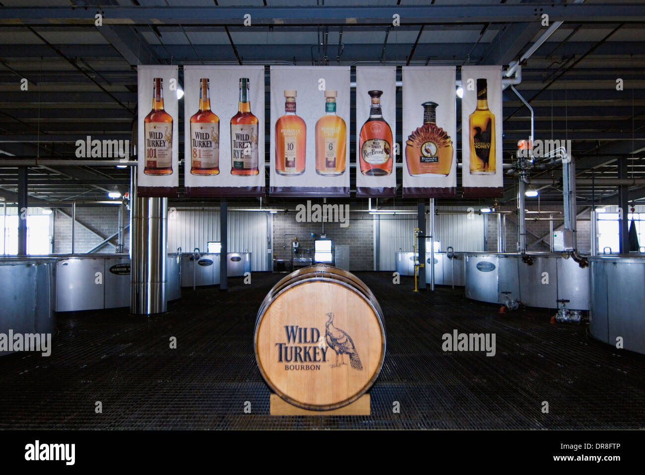 Barrel of Bourbon and Banners with Wild Turkey Brand Bourbon at Wild Turkey Distillery near Lawrenceburg, Kentucky Stock Photo