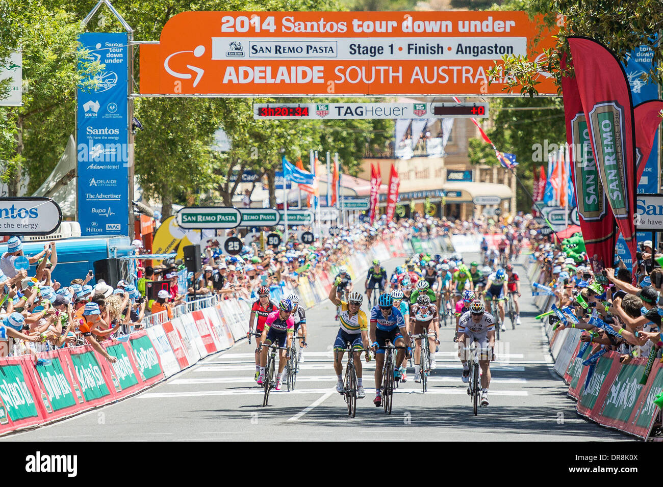 Adelaide. 22nd Jan, 2014. Cyclists race to the finish line during stage