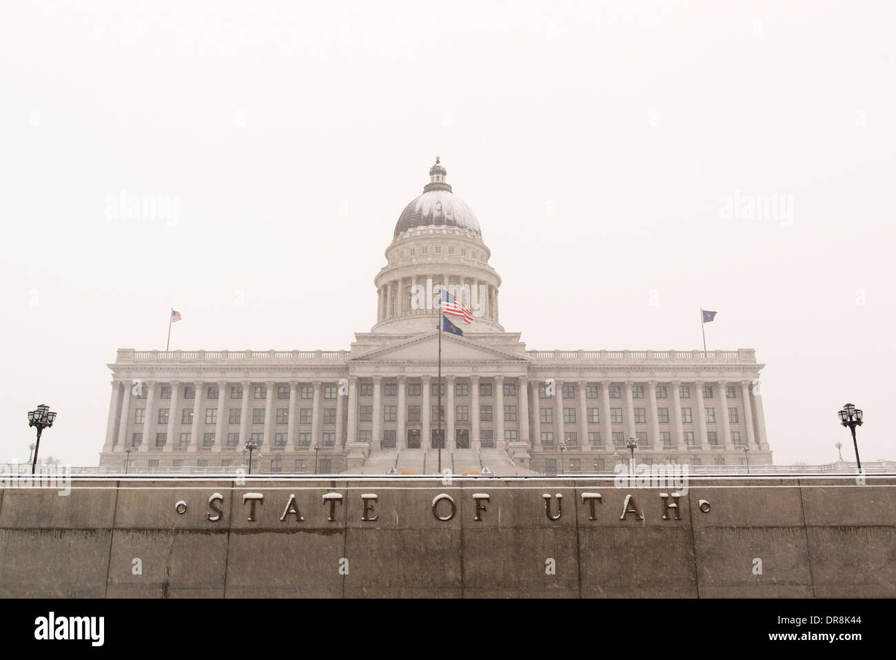 Utah's State Capitol building after snow. Stock Photo