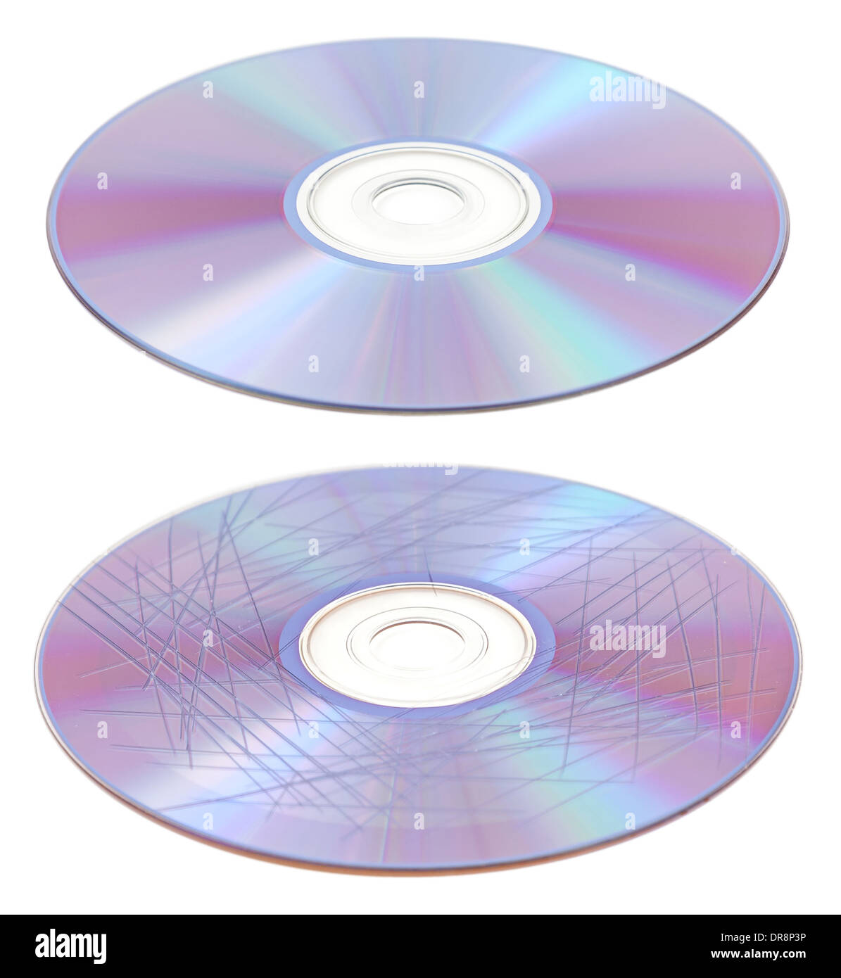 Scratched and clean cd of dvd disc isolated to white background Stock Photo