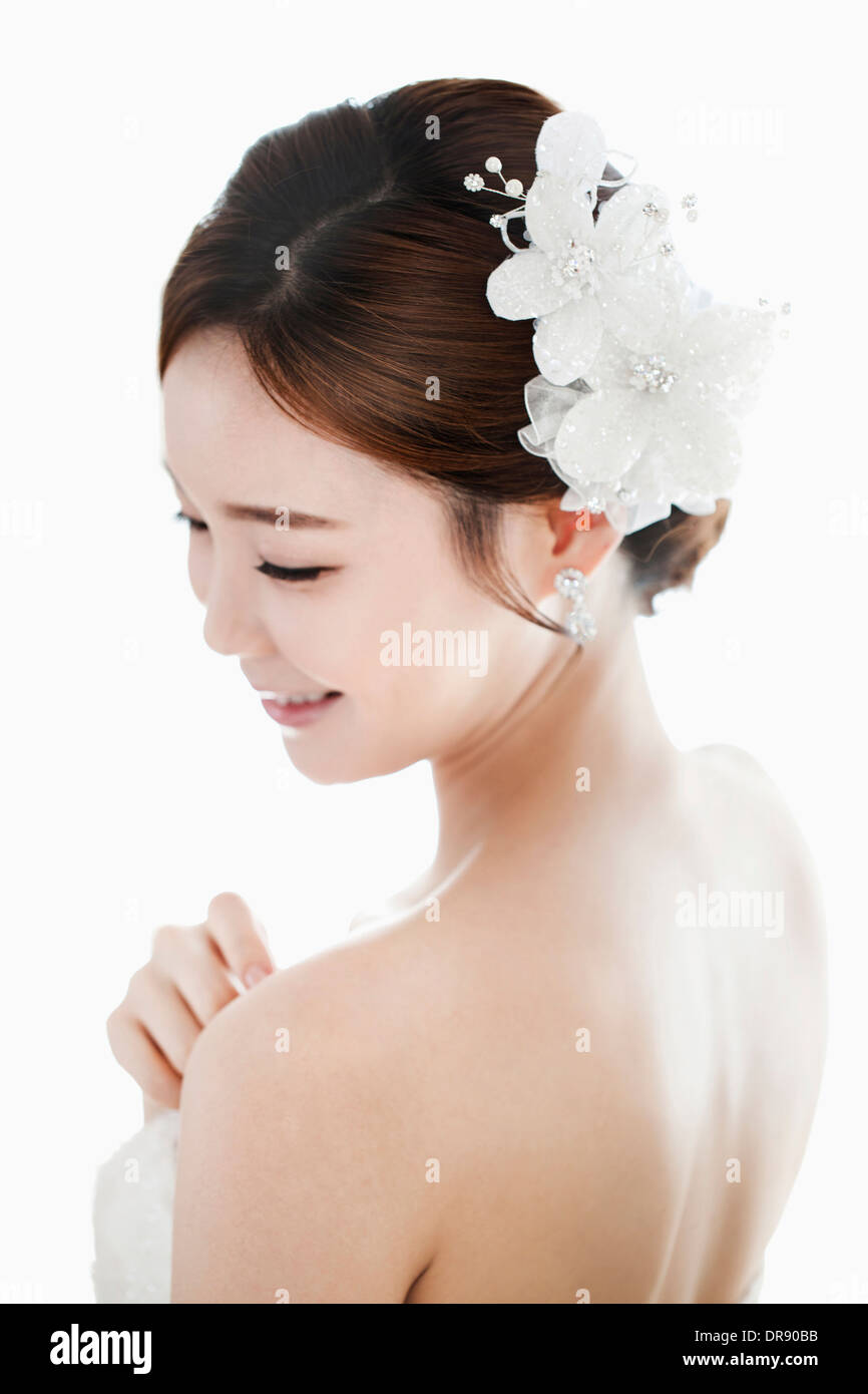 close up shot of a woman in wedding hair Stock Photo