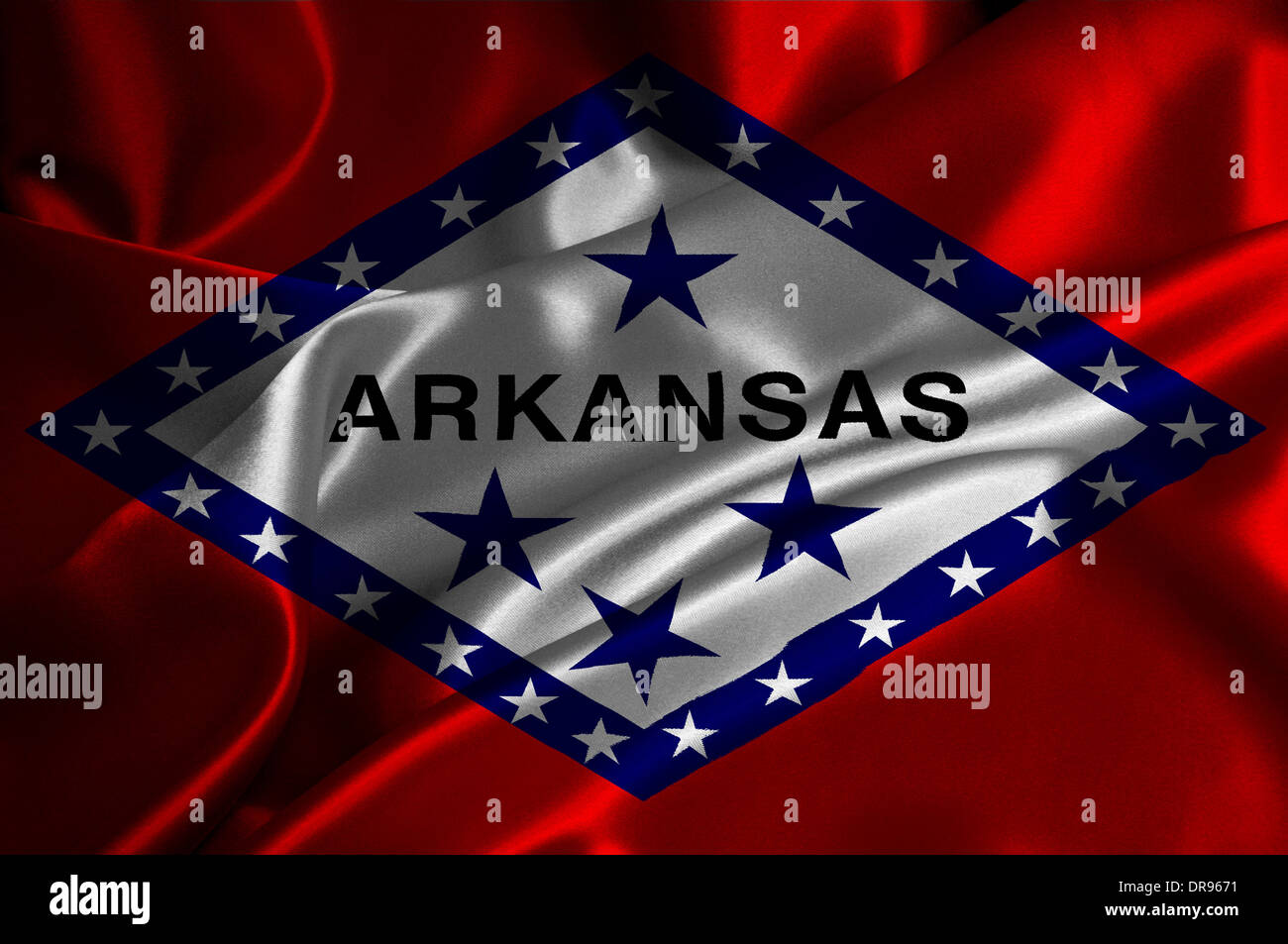 Arkansas flag on satin texture. Stock Photo