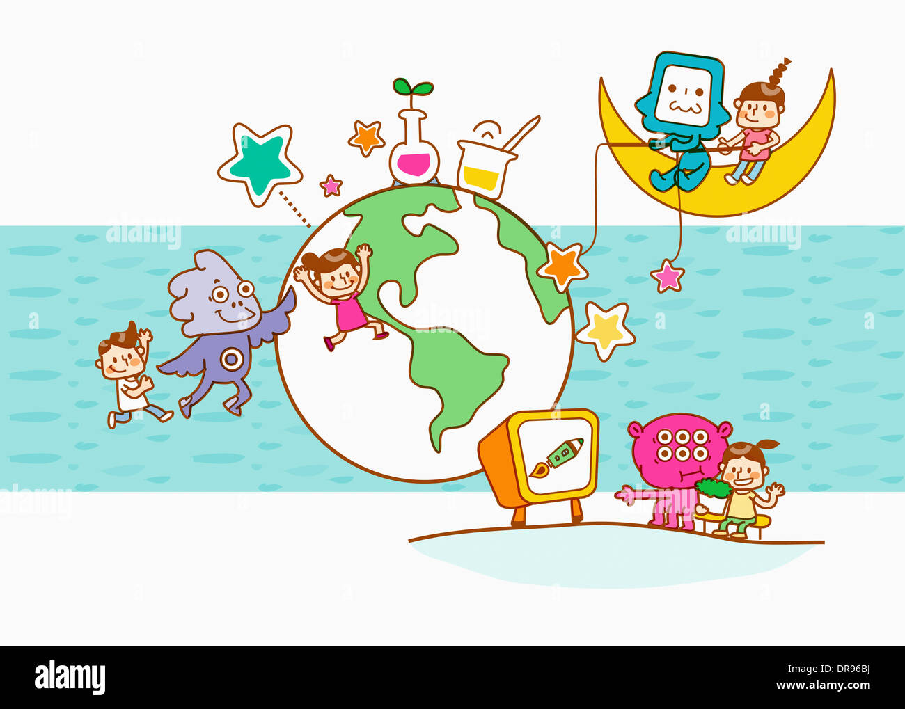 illustration of kids and robots Stock Photo