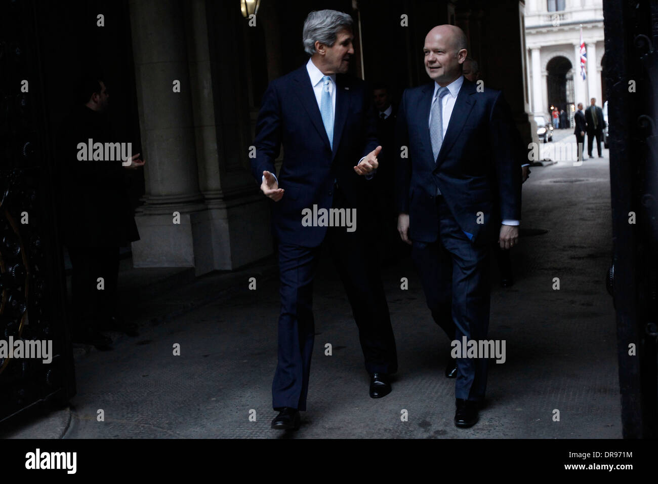 US Secretary of State John Kerry (L) and his British counterpart William Hague (R) outside number 10 Downing Street before their Stock Photo