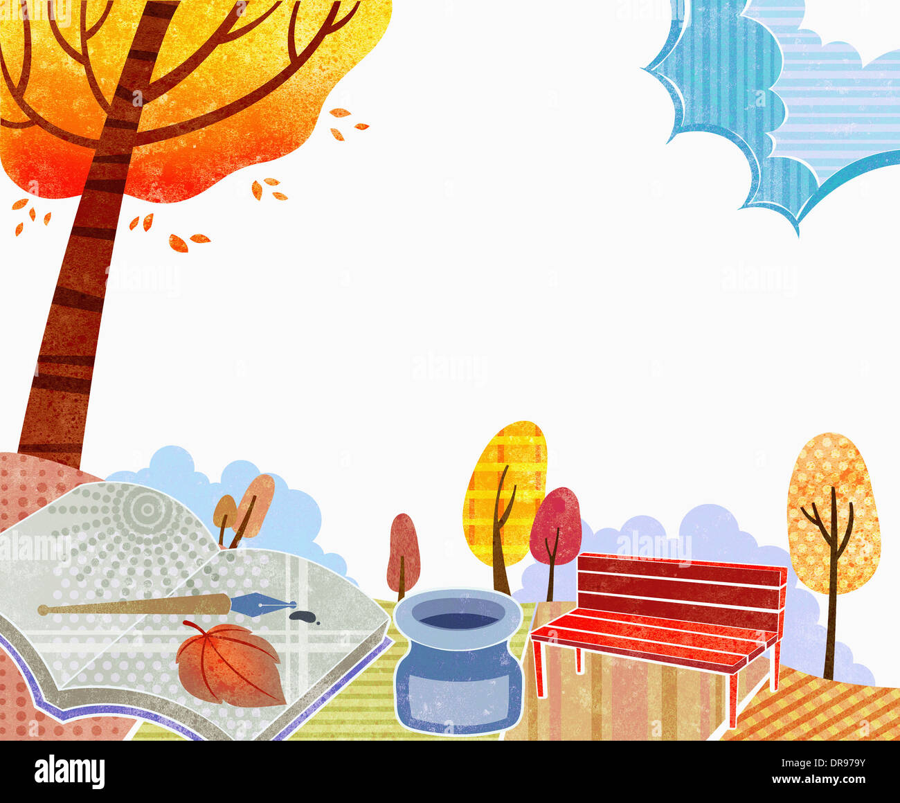 Illustration Of Memo Template Featuring Autumn Tree And Bench