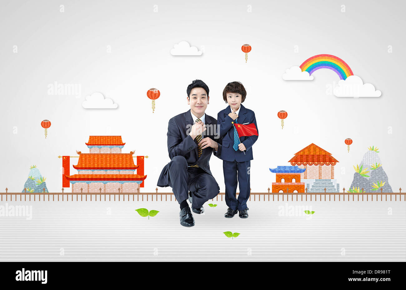 a father and son dressed in suits next to Chinese buildings Stock Photo