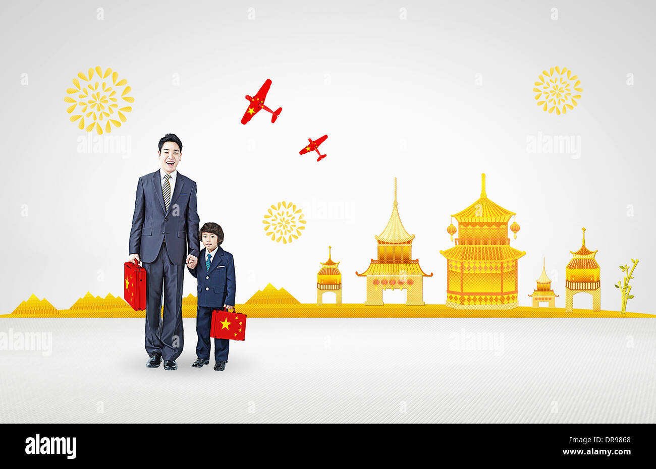 a father and son dressed in suits next to Chinese buildings Stock Photo