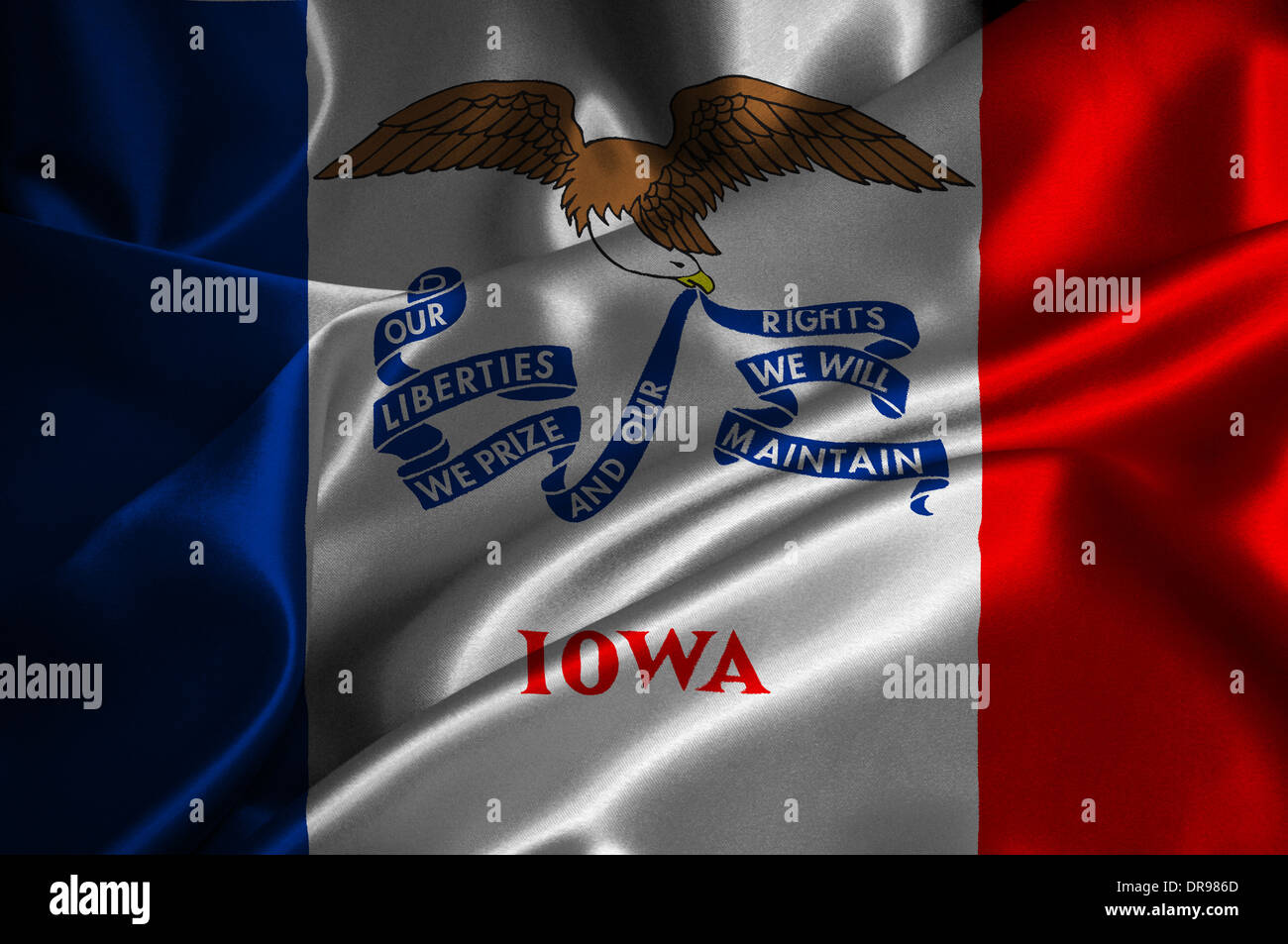 Iowa flag on satin texture. Stock Photo