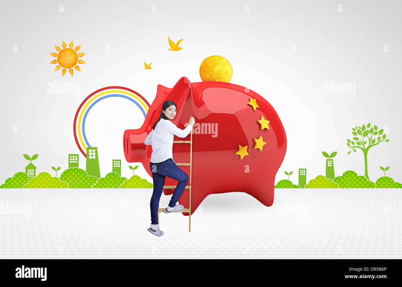 a woman climbing up to a piggy bank of Chinese flag Stock Photo