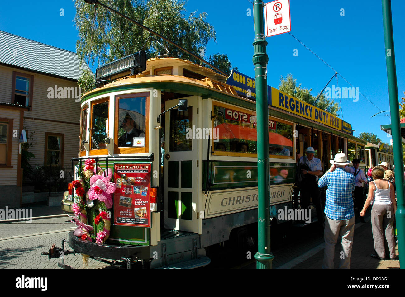 Tram passing in Christchurch, New Zealand Stock Photo