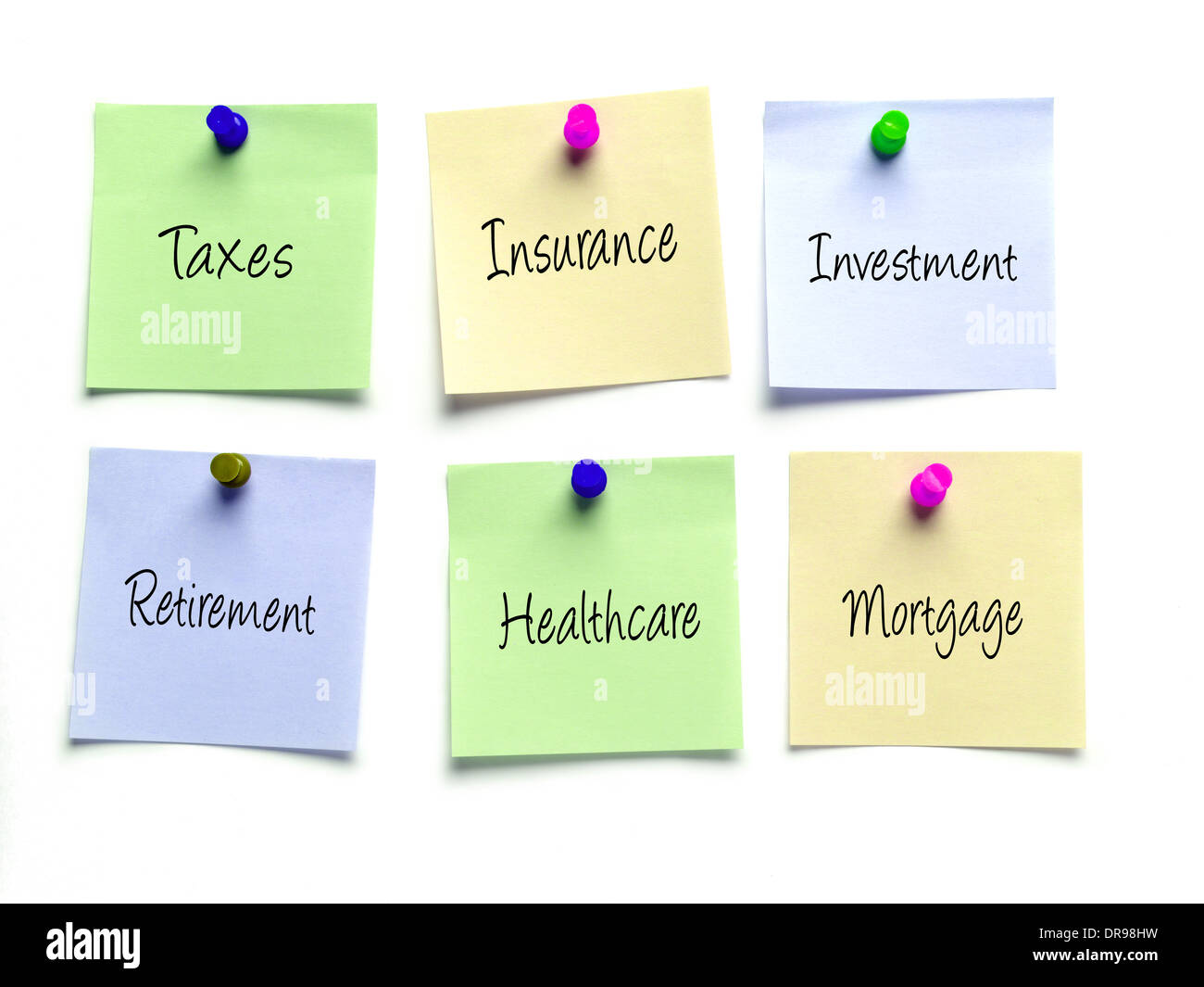 Six post-it notes as a reminder of taxes, insurance, investment,retirement, healthcare and mortgage obligations Stock Photo