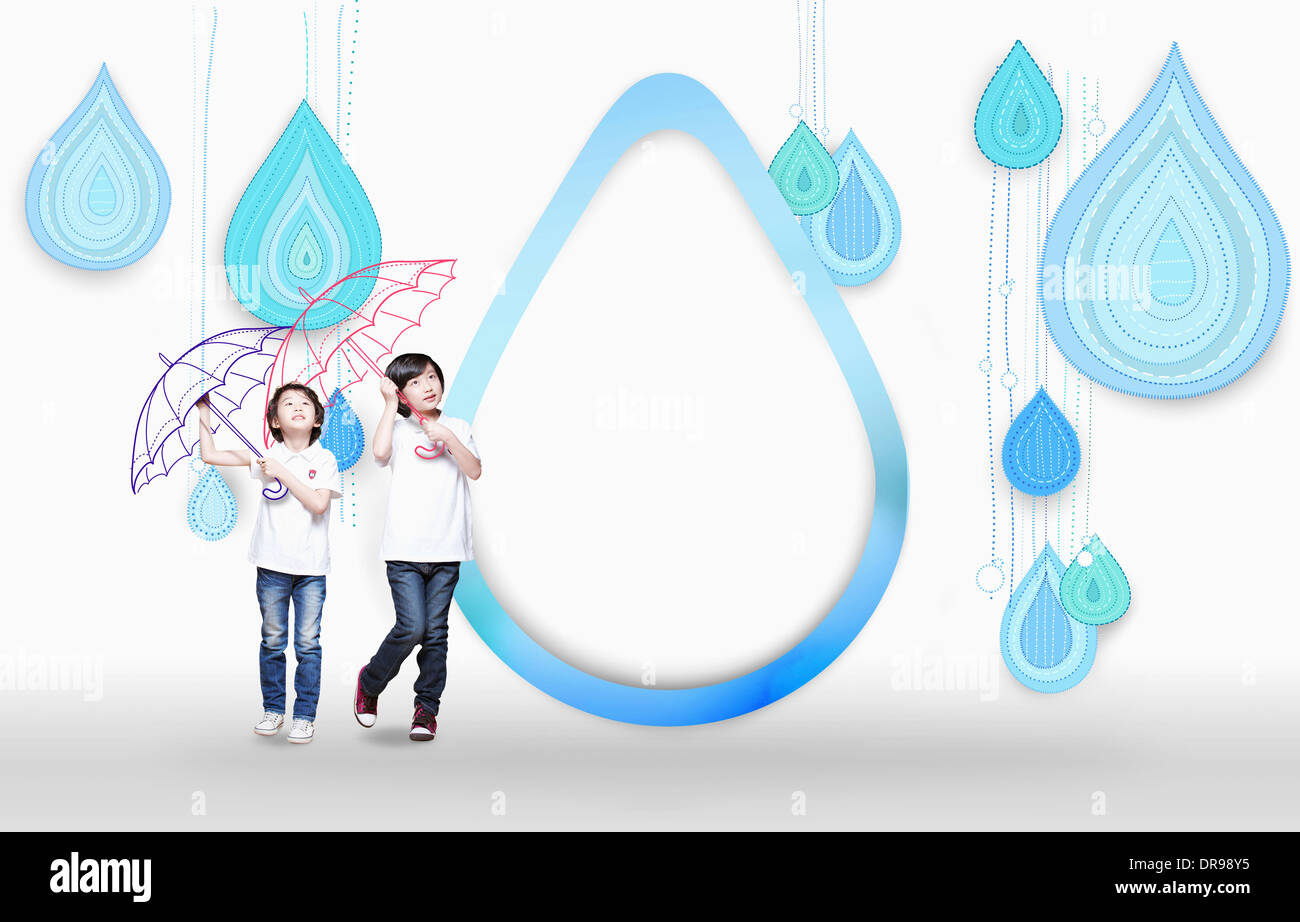 kids standing with illustrated rain drops Stock Photo - Alamy