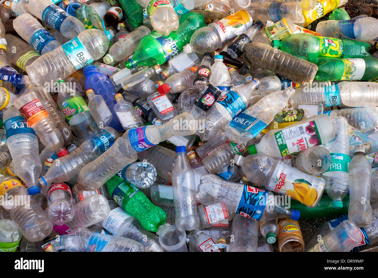 Empty Plastic drinking bottles dumped for recycling in India Stock Photo