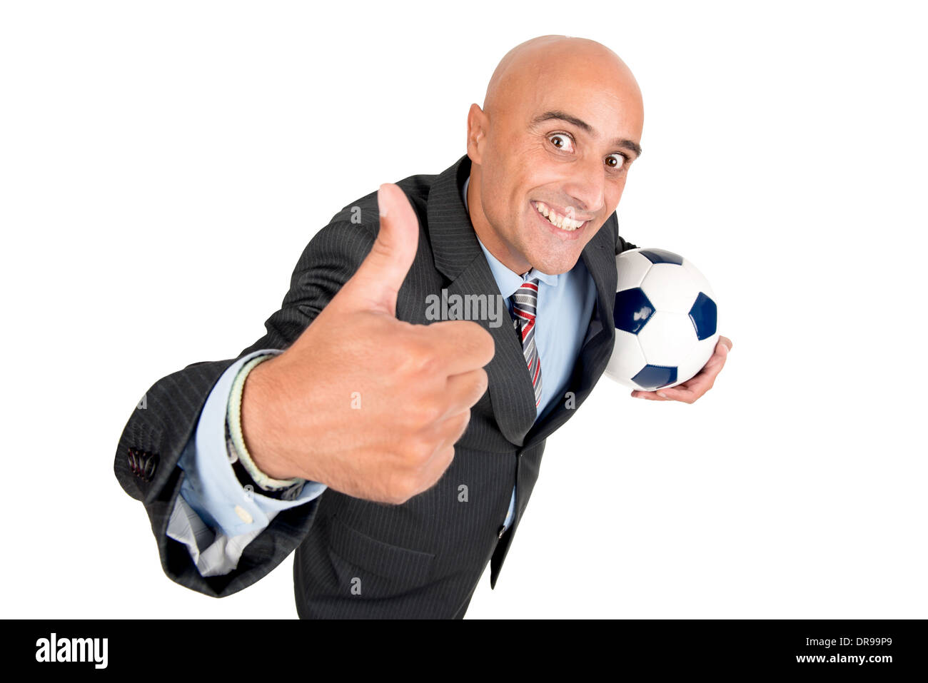 Happy businessman with football ball isolated in white Stock Photo - Alamy