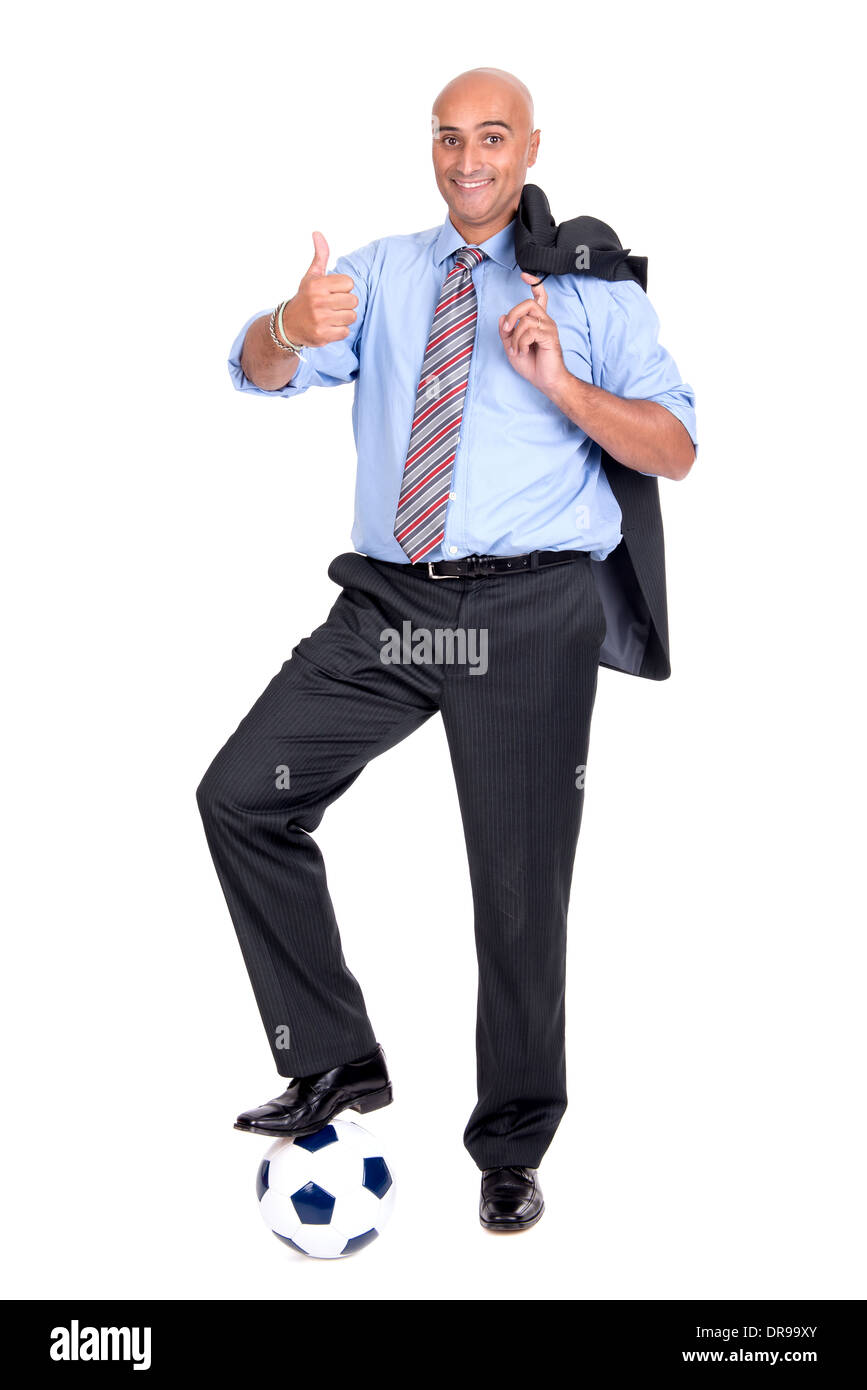 Happy businessman with football ball isolated in white Stock Photo - Alamy